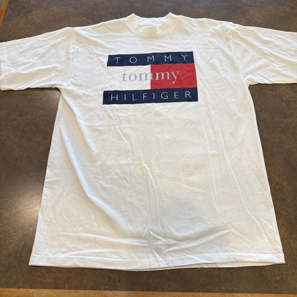 Vintage Tommy Hilfiger Shirt Mens XL White Big Flag Graphic Made USA 90s Tee